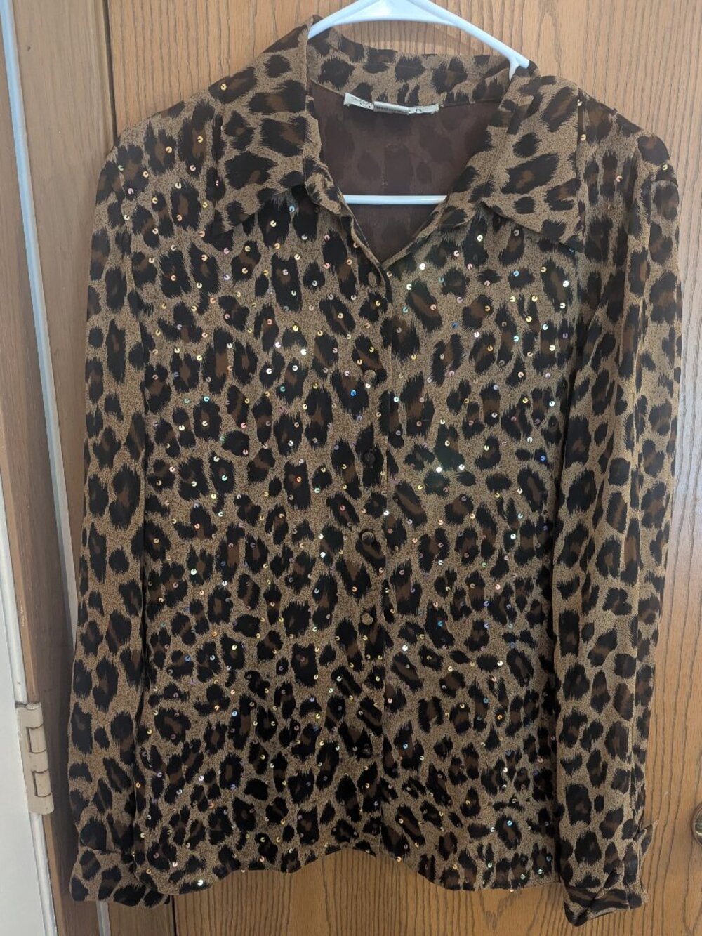 VTG Long Sleeve Button Animal Print Sequin Semi Sheer Silk Chetta B Blouse-12